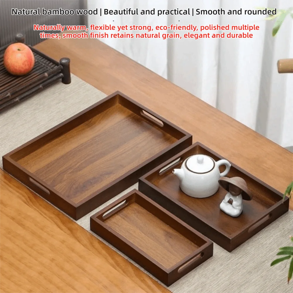 Decorate Tray Rectangular Bamboo Wooden Tray Walnut Color With Handle Food Storage Trays Dessert Pallet Home