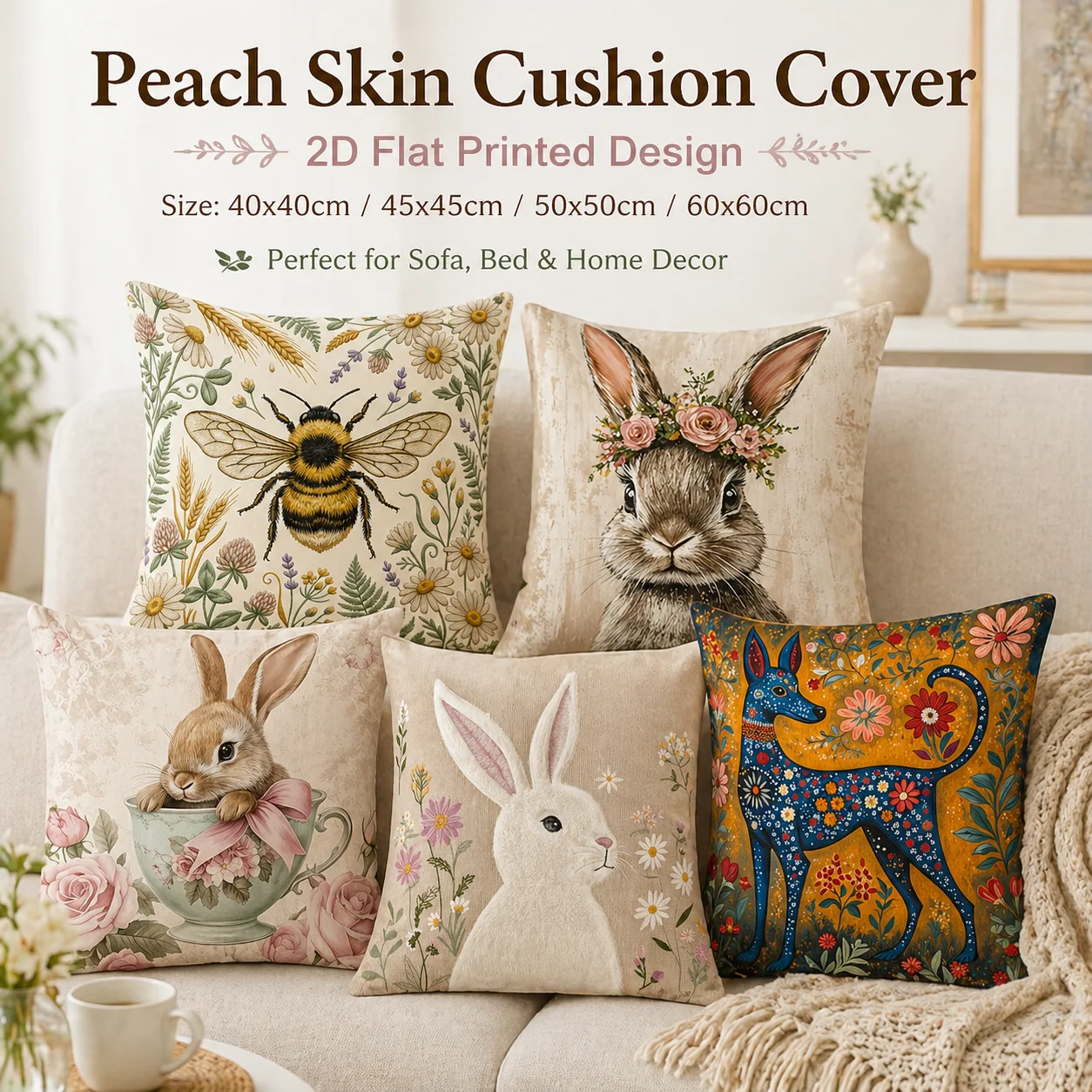 

Cute Rabbit Bee Printed Peach Skin Cushion Cover 2D Flat Printed Decorative Pillowcase for Sofa Living Room Home Decor 45x45cm