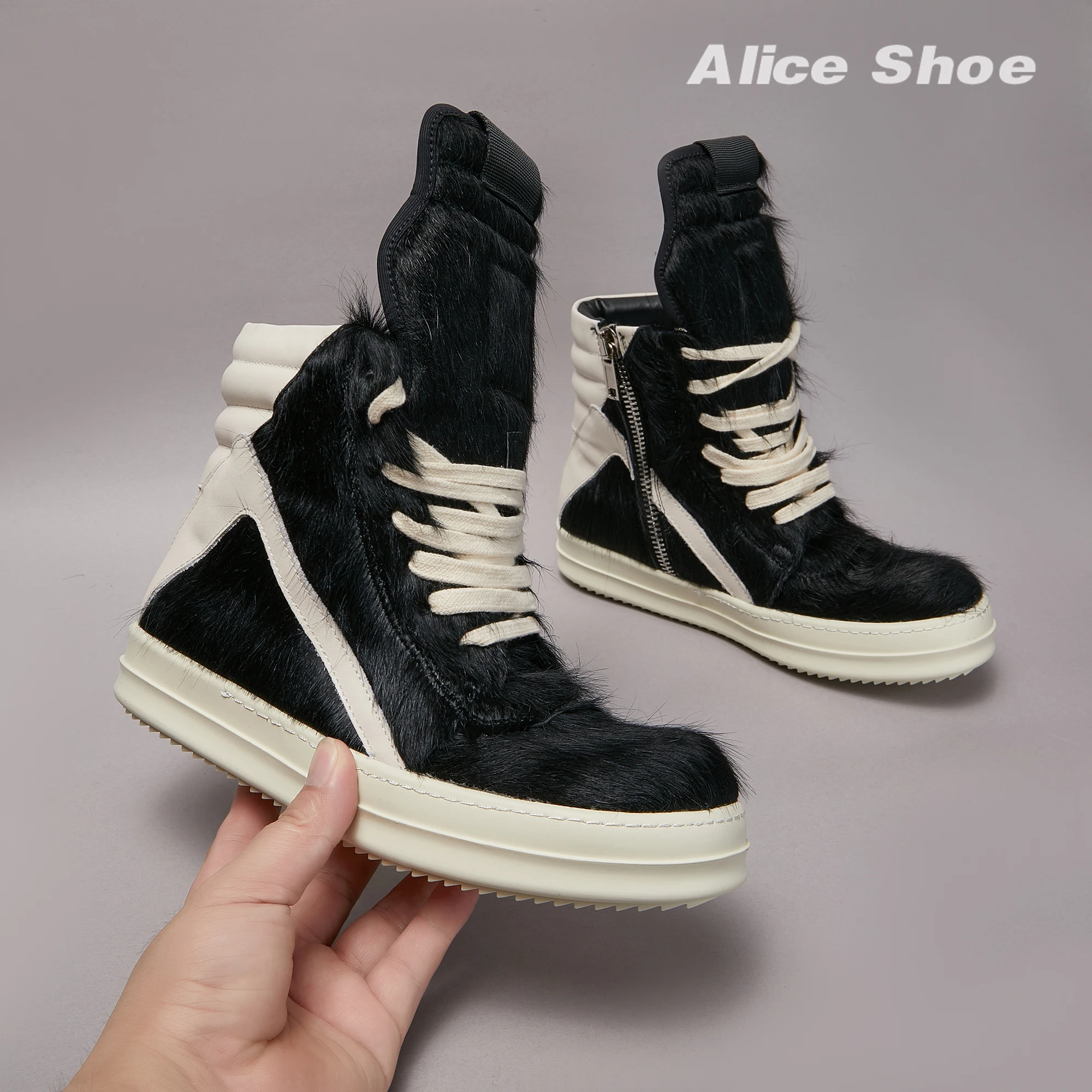 Brand Women Sneaker Horse Fur Casual owen High Top Men Shoe Leather Geobasket Black Zip Designer Quality Thick-sole Ankle Boot