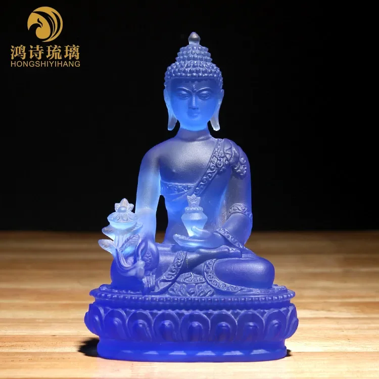 Sakyamuni Pharmacist Buddha Crystal Buddha Blue Base Seven Buddhas Worship Pharmacist Glazed Light Tathagata Household Ornaments