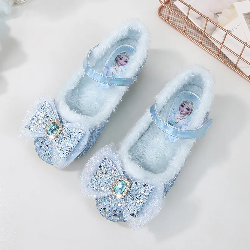 2024 New Girl Princess Shoes Women's Treasure Blue Crystal Shoes Winter New Plush Shoes Fashion Bow Elsa High Heels