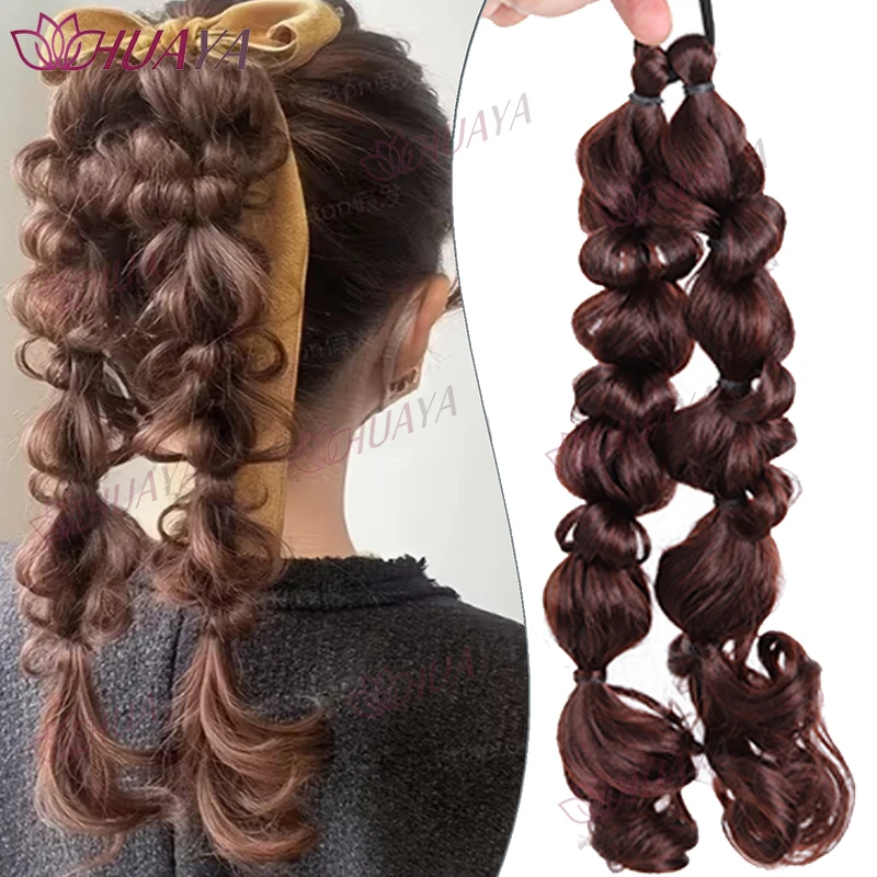 Women's Synthetic 18-inch Handmade Bubble Braid Ponytail, Heat-Resistant, High-Elastic Hair Tie, Comfortable Fit, Secure & Easy