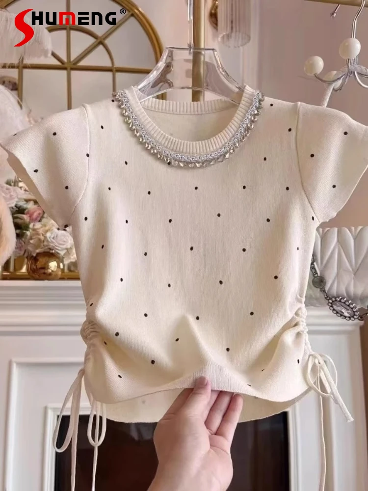 

Women's 2025 Summer New Diamond-encrusted Ice Silk Tees Ladies Short-sleeve Knitted Sweater Nice T-shirts Women's Slim-fit Tops