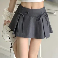 Preppy Style Mini Skirt with Bow Women Kawaii Low Waist Pleated Short Skirt Female Summer A Line Y2K 90s Cute Outfit Faldas New