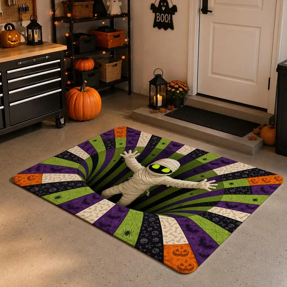 Halloween Monster Spiral Optical Illusion Artwork Floor Mat Soft Flannel Non Slip Absorbent Entryway Bathroom Bedroom Garage