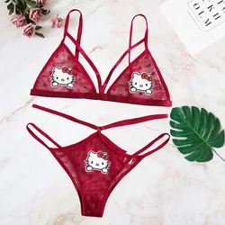 MINISO Sanrio Kawaii Cartoon Anime My Melody Hello Kitty Kuromi Sexy Lingerie Sexy Polka Dot Lace Transparent Bikini Bra Panties