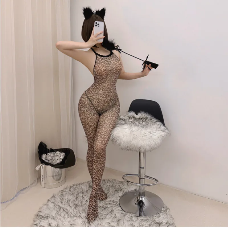 

Clothes Thin Sexy Hot Slim Leopard Print Beautiful Legs Halter Neck Body Suits For Women Jumpsuits Mesh Romper V718