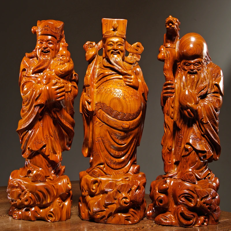 50cm large 2023 Asia FU LU SHOU Three stars 3 Gods of wealth wooden Sculpture statue Home company shop bring money good luck