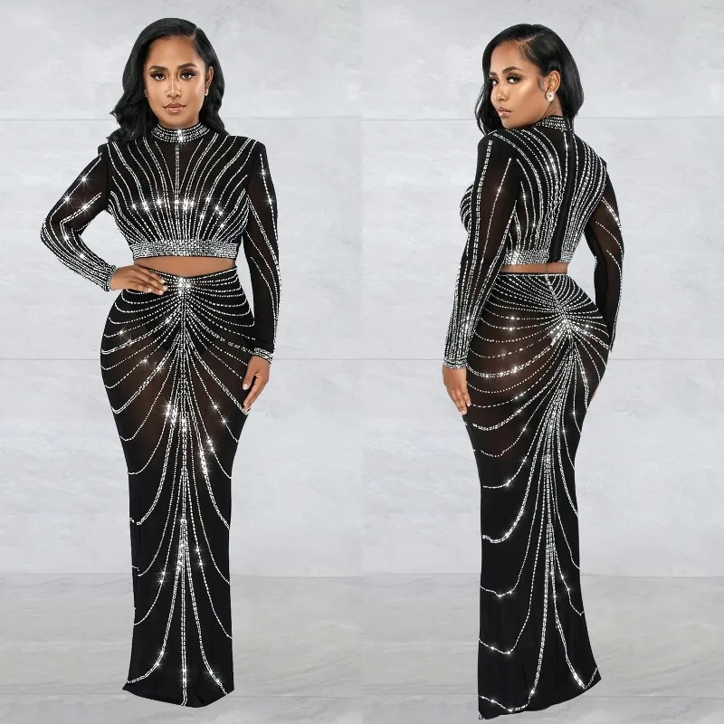 Mesh See Through Hot Diamond 2 Piece Sets Women Outfit 2023 Summer Long Sleeve Crop Tops Hip Wrap Skirt Party Evening Clubwear