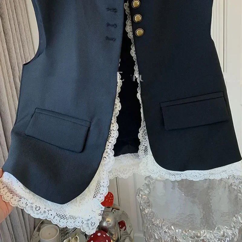 New Lace Patchwork Women Vest Korean O Neck Casual Sleeveless Jackets Female Loose Waistcoat Vintage Chic Tops Women Clothing