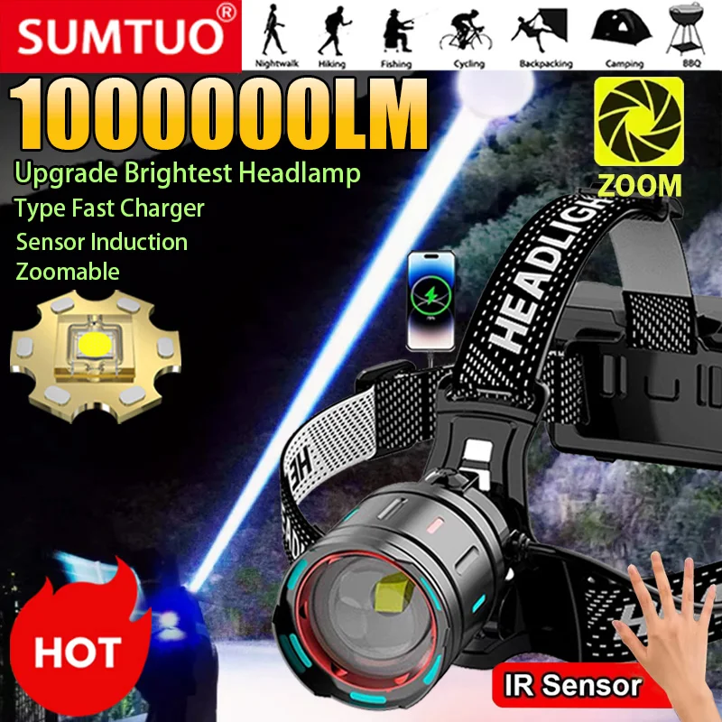 1000000LM Powerful Headlamp 800W Led Sensor Head Flashlight Long Range Headlight 18650 Rechargeable Head Lantern Fishing Camping