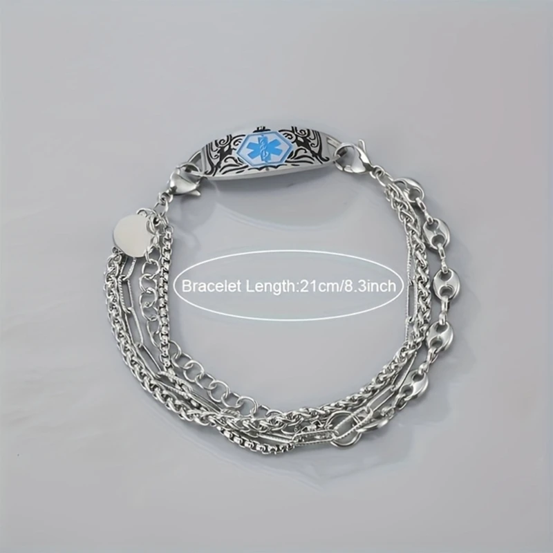 HXBF Emergency Information Bracelet with Oval Front Plate and Polished Chain Look