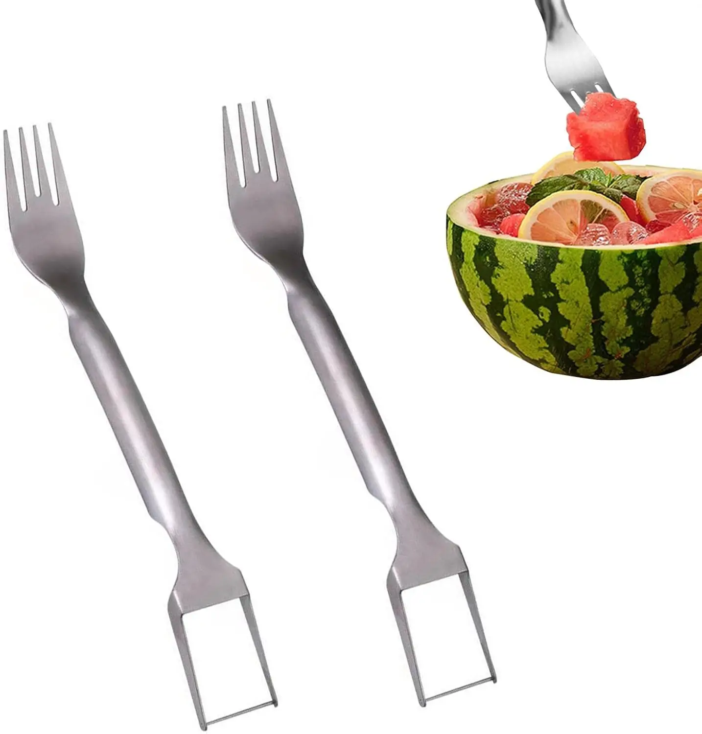 

2PCS Dual Head Stainless Steel Watermelon Fork Slicer Cutter Fruit Cutting Fork Slicer Knife for Family Parties Camping