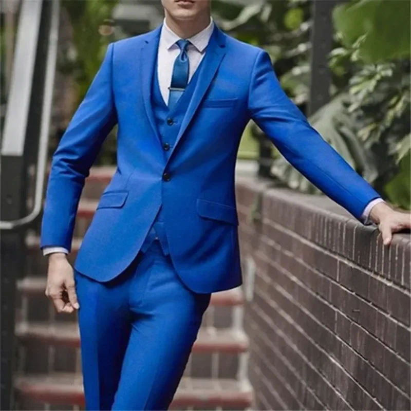 

3Pieces Royal Blue Blazer Trousers Men Suits Sets (Jacket+Pants+Vest+Tie)Wedding Party Wear Clothing Groomsmen Custom Made Coat
