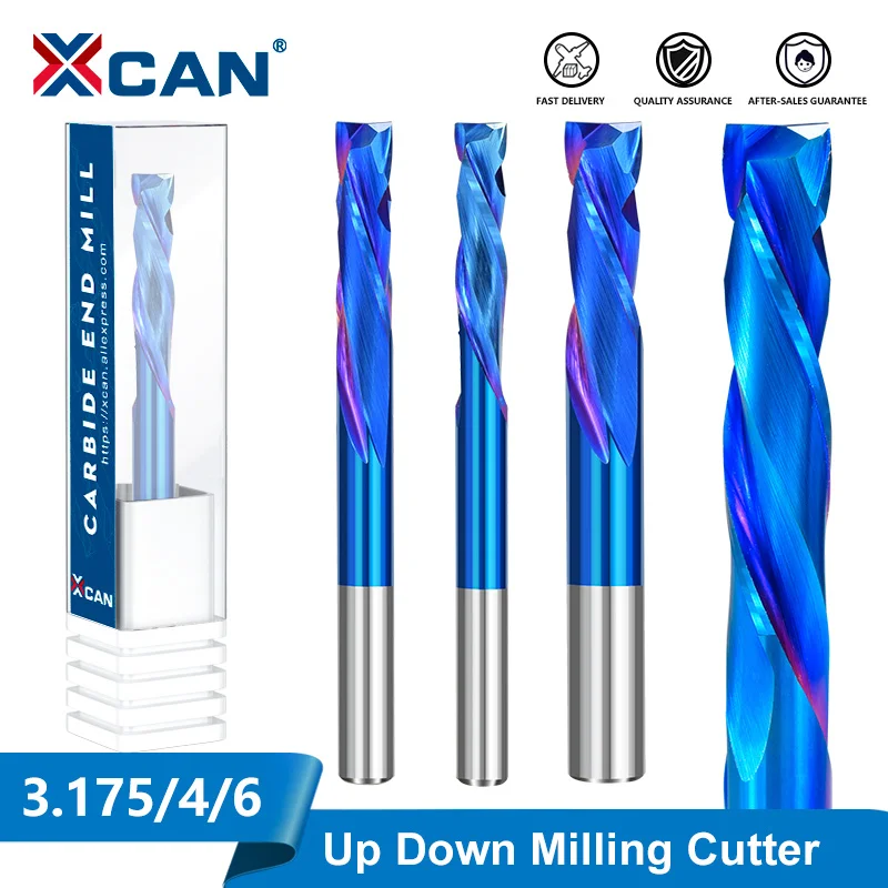 XCAN Up Down Milling Cutter 3.175/4/6/6.35mm Shank Nano Blue Coating CNC Router Bit 2 Flute Carbide End Mill