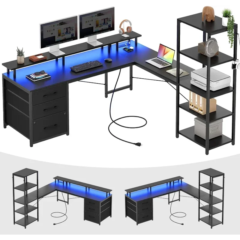 Escritorio para juegos en forma de L, escritorio de computadora de esquina Reversible de 55 "con 3 cajones de tela y estantes de almacenamiento, escritorio para juegos negro