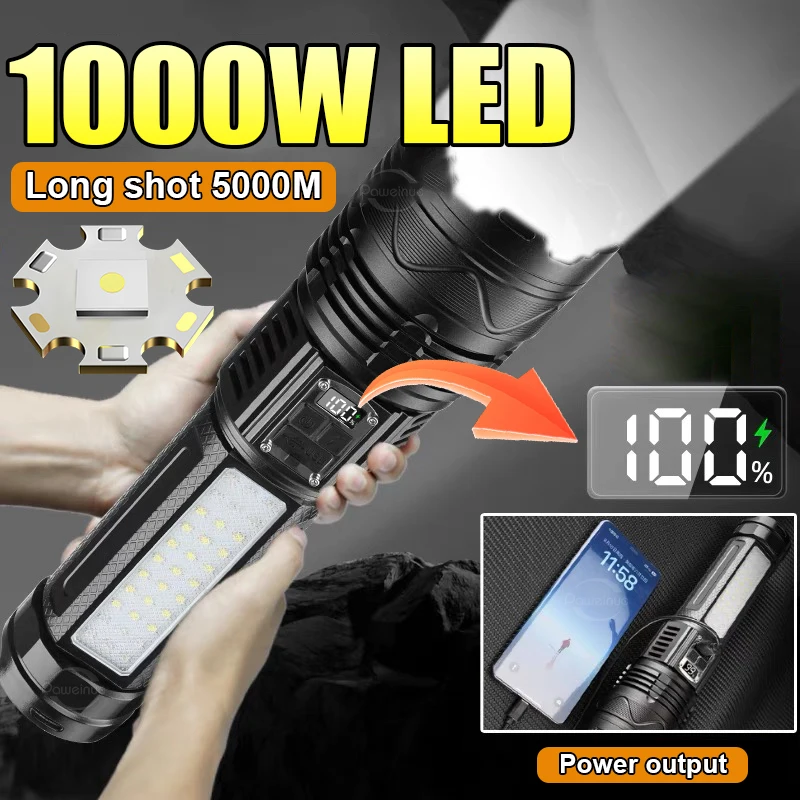 

1000000LM Rechargeable Flashlight 15000mAh Powerful Torch 1000W LED With COB Light High Power LED Flashlight Tactical Lantern