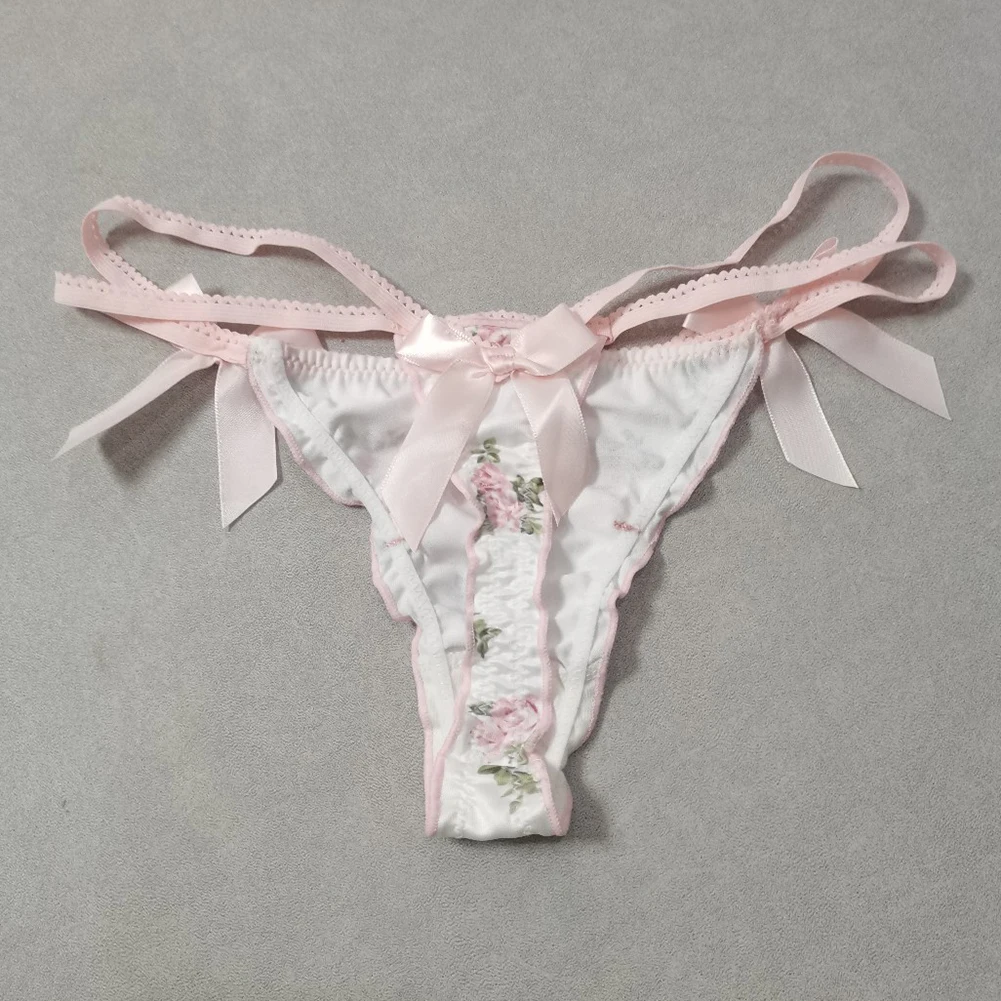 Women's Sexy Flower Bow Ruffle Cute Lovely Sweety Girl Satin G-String Thong Panties Underpants Knicker Cross Tie Ladies T-back