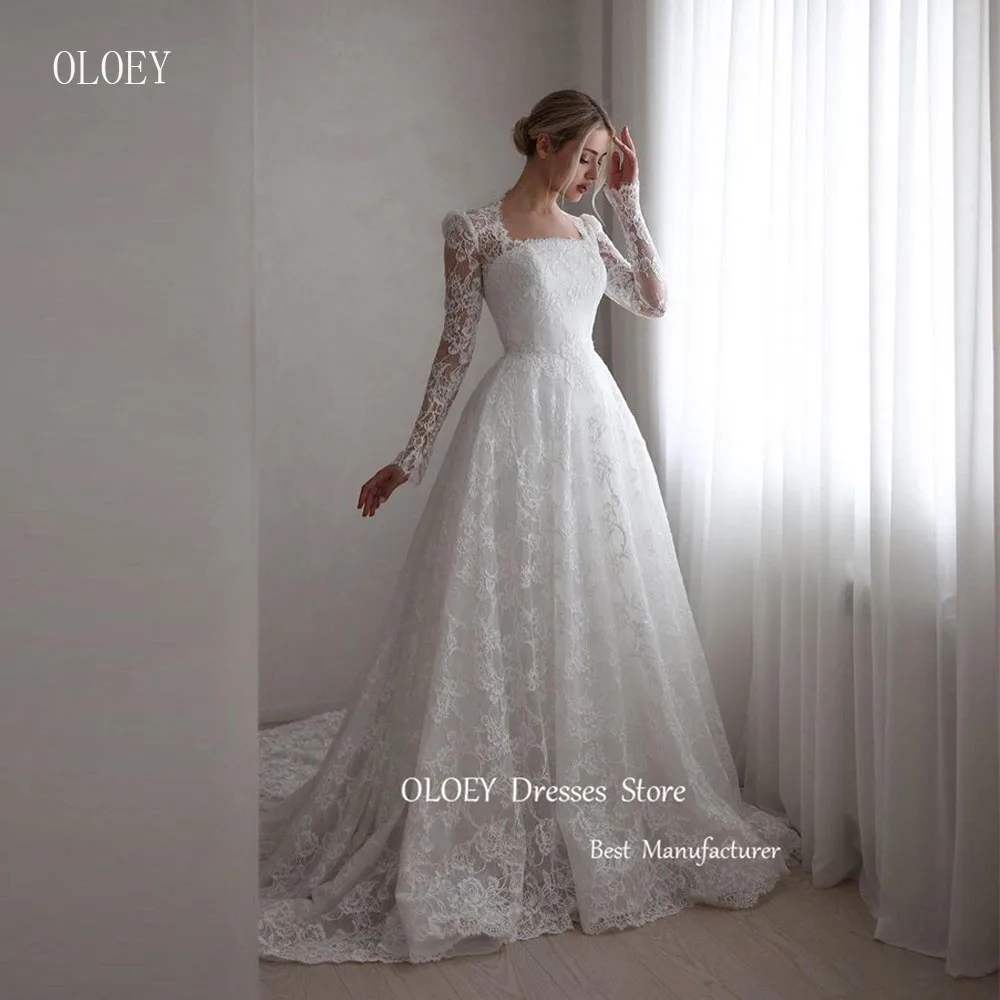 

OLOEY Modest Long Sleeves Full Lace Wedding Dresses Square Neck Sweep Train Bridal Gowns Vestido de noiva Dubai Arabic Women