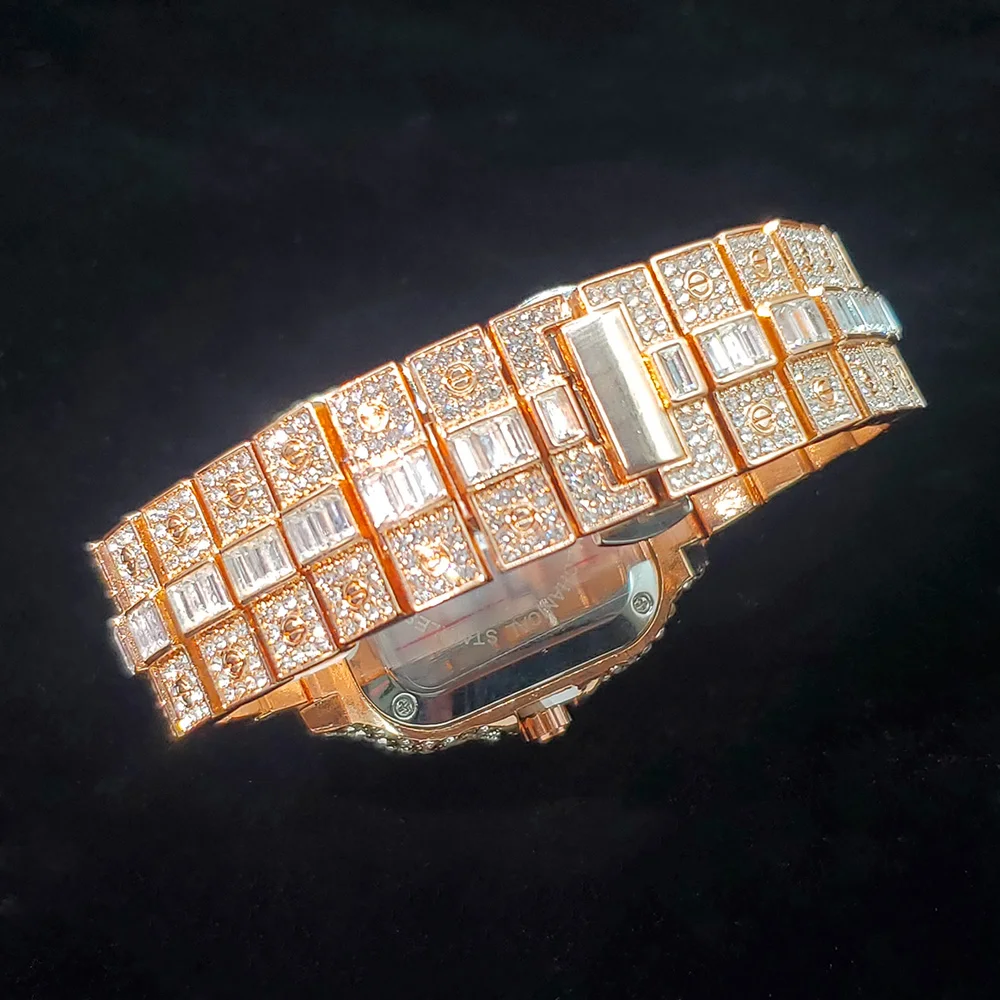 ساعة ماسية كاملة فاخرة للرجال شعبية الذهب الوردي مثلج خارج ساعات كوارتز موضة الهيب هوب مجوهرات Reloj Hombre دروبشيبينغ