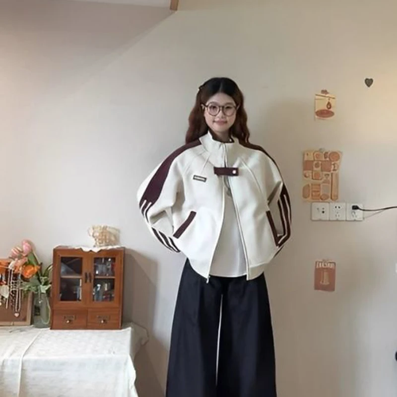 Americano retalhos jaqueta de beisebol feminino y2k streetwear solto zíper feminino suor outono gola listrado colheita outerwear