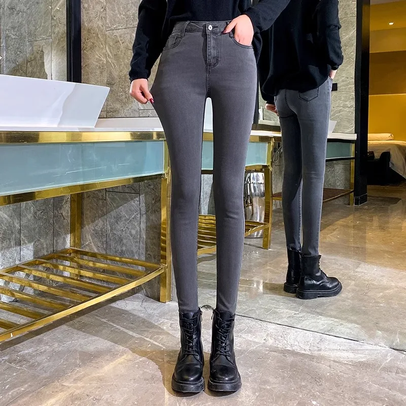 

Spring Autumn High Waist Slim Fit Denim Jeans Women's Nine Points Elastic Simple Style Long Pants Cotton Stretch Denim