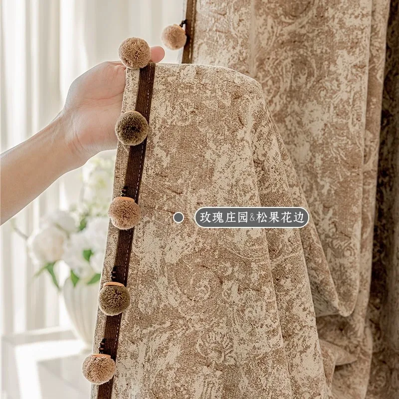 Rose Embossed Pattern Chenille Jacquard Blackout Curtains with Pom Pom Trim, 90% Shading Drapes for Living Room