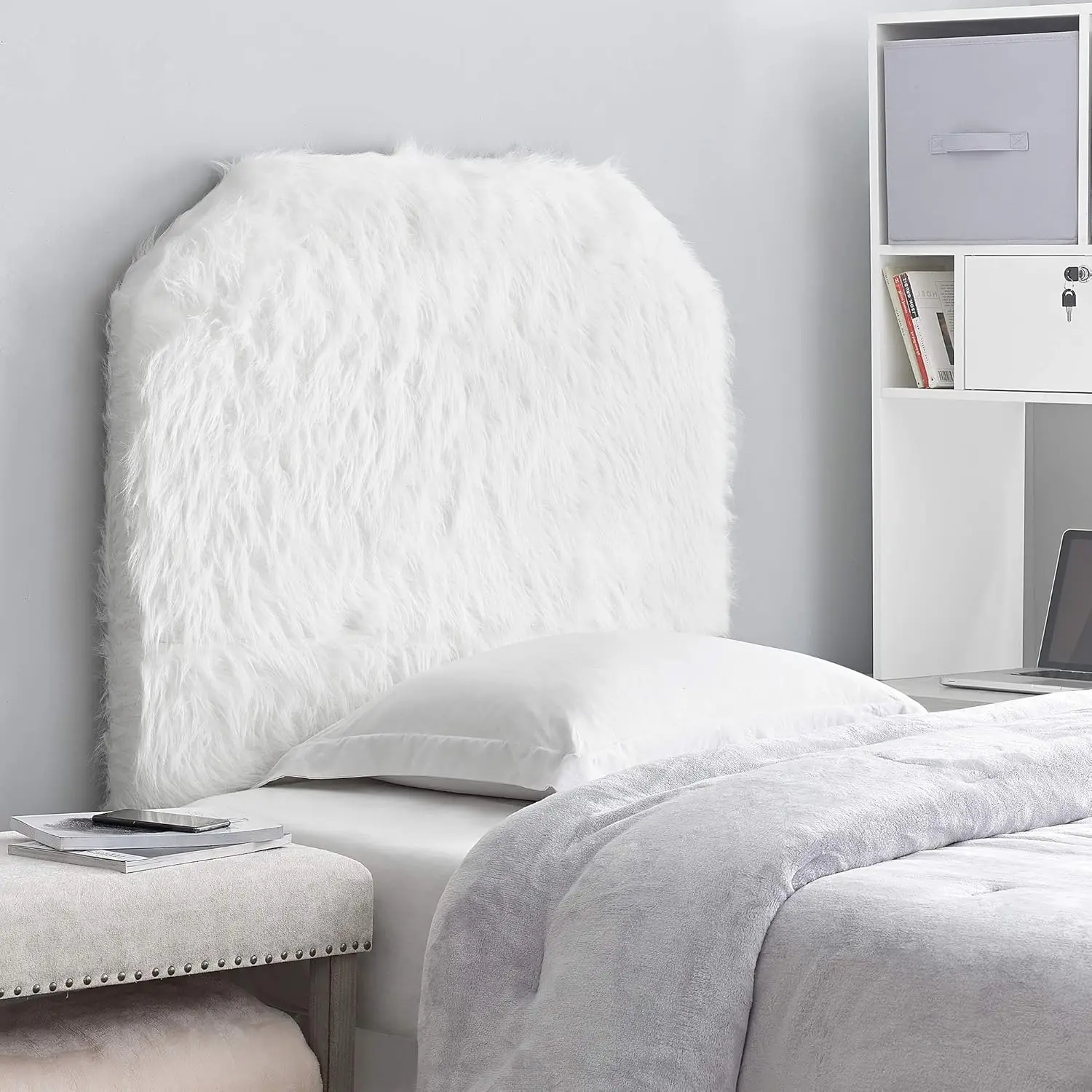 

Elegant White Fur Mo' Heaven Headboard Dorm Room Essential Soft-Textured Cozy Look Easy Installation