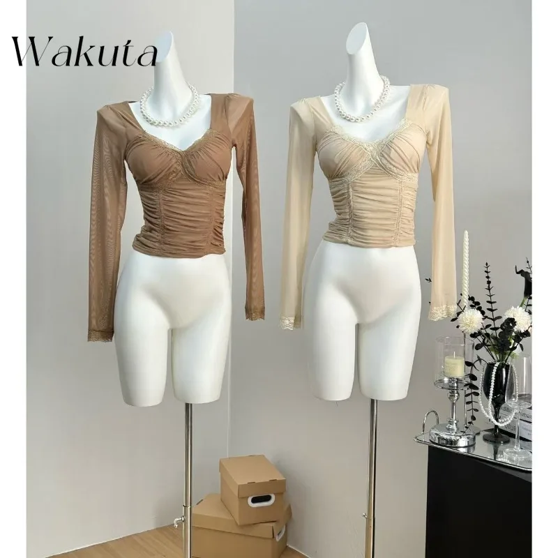 WAKUTA Fashion Sexy Lace Long-sleeved Bottoming Shirt Camis Autumn New Slim Thin Pleated T-shirt with Chest Pads Кофта Женская