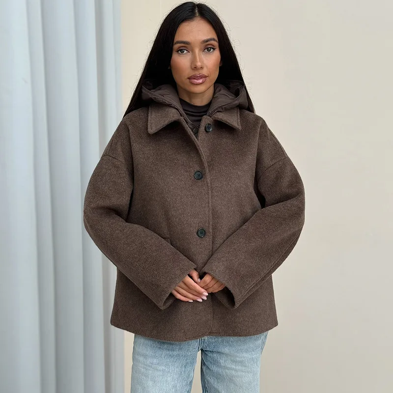 

2025 Autumn Winter New Brown Lapel Wool Blend Coat Women Fashion Loose Versatile Warm Outerwear Top Casual Long Trench Coat