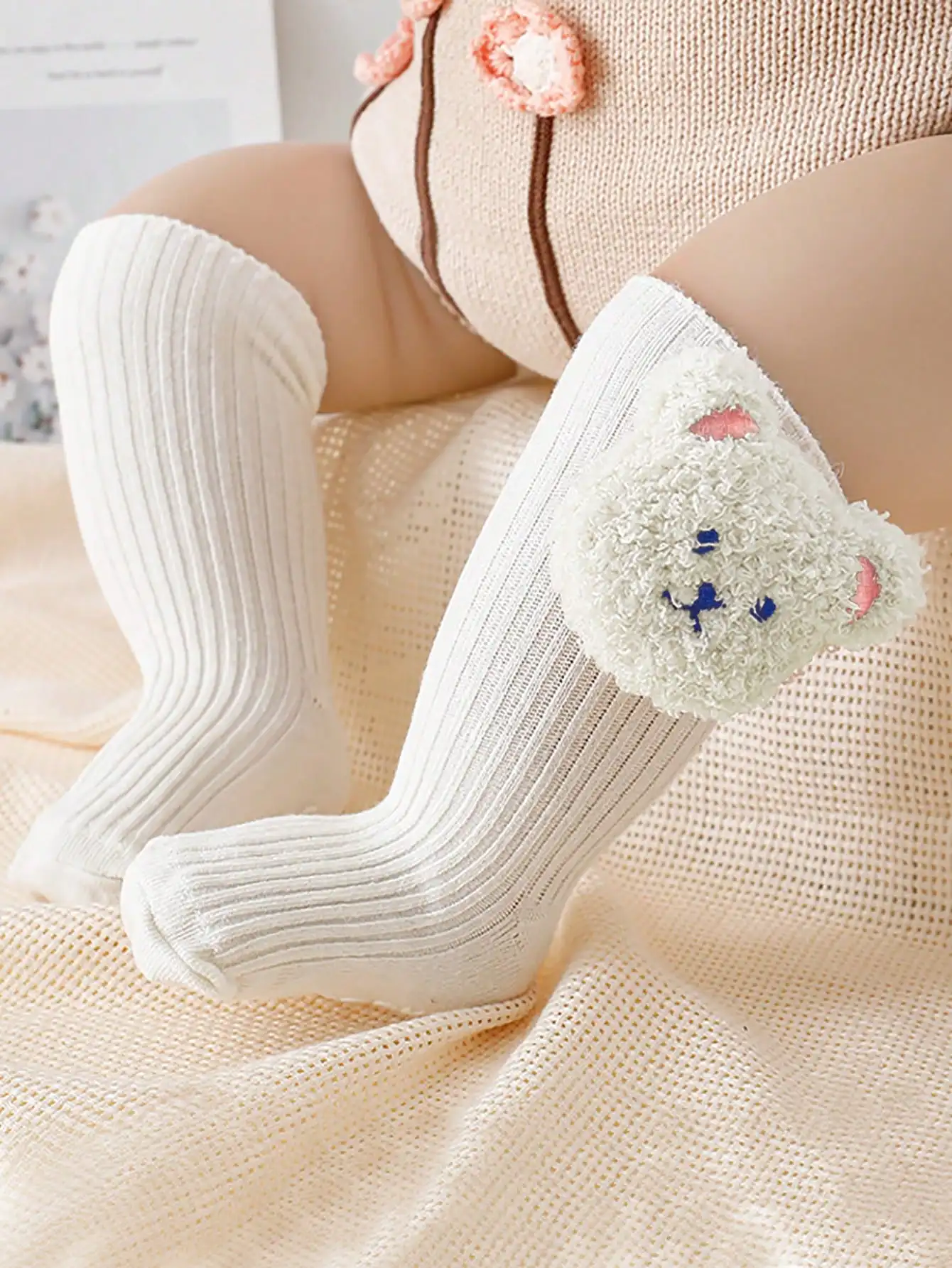 2/4Pairs Baby Anti Slip Floor Knee High Socks Fluffy Bear Decor Ribbed Toddler Socks 0-2Y Soft Stretch Spring Autumn Indoor Wear view 6