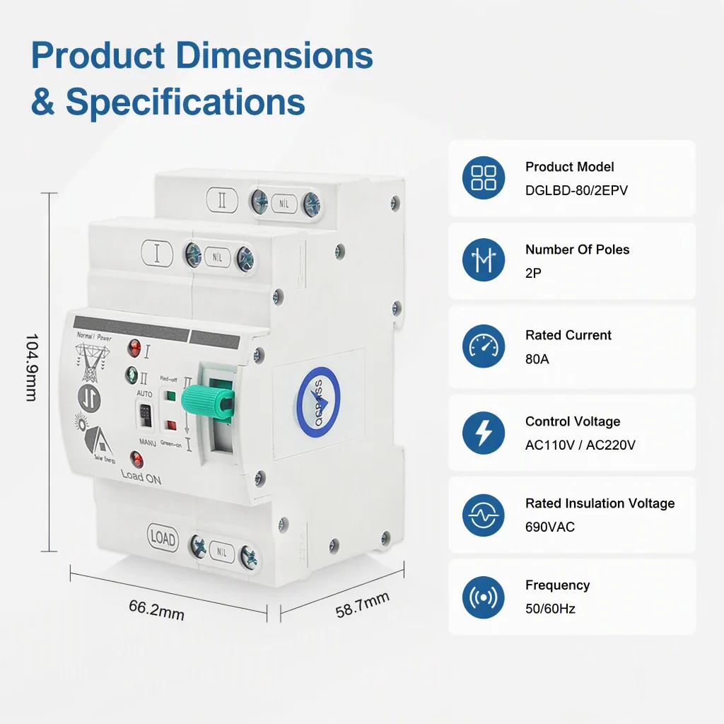 2P PV Solar ATS Automatic Transfer Switch Mini Din Rail Dual Power Uninterrupted Electrical Selector 110/220V