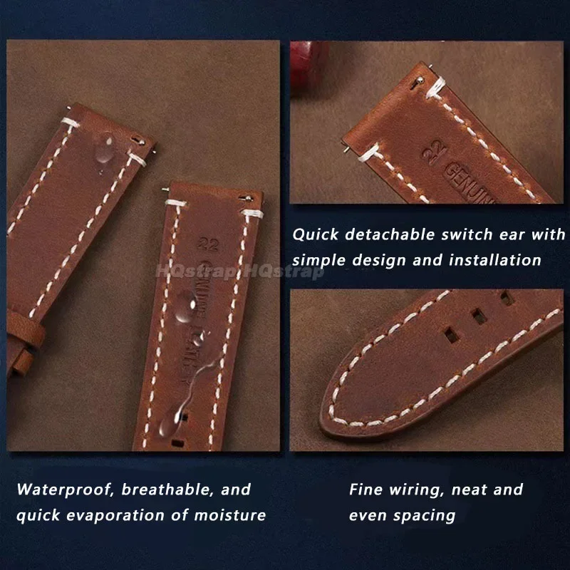 Кожаный ремешок в стиле ретро 18 мм, 19 мм, 20 мм, 21 мм, 22 мм, 24 мм, мягкий ремешок, водонепроницаемый браслет для ремешка для часов Seiko, быстросъемный браслет
