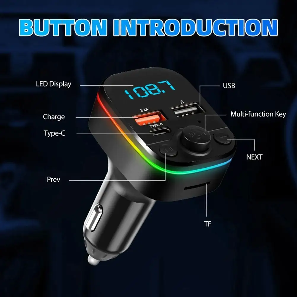 Car FM Transmitter Bluetooth Car Charge Dual USB Port+Type-C Handsfree Call Wireless Aux Audio Radio Modulator MP3 Player