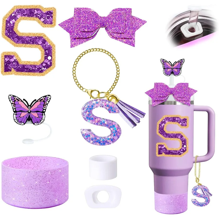 

7 шт. фиолетовый набор аксессуаров для чашек для чашек 3040 унций, силиконовая соломенная крышка и подвеска в виде буквы для ручки, защита от разливов