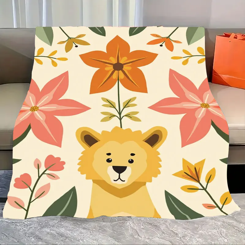 

1pc Flannel Blanket Cute Lion Floral Blanket - Soft Cozy Throw for Kids Room Decor