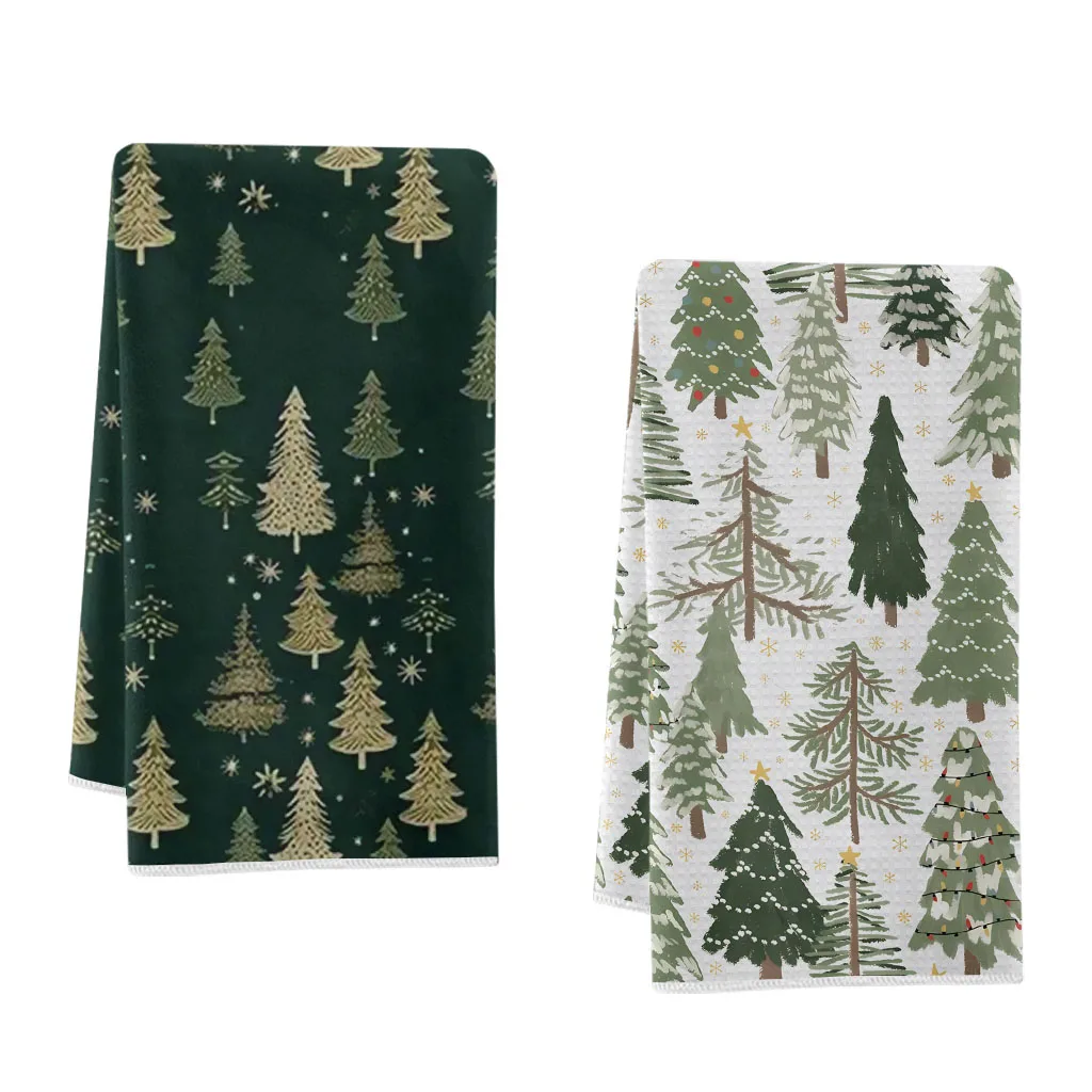 2er-Pack einfache Haushalts-Reinigungstücher mit Weihnachtsbaum-Aufdruck, Scheuerschwämme, Geschirrtücher, Geschirrtuch und Tischsets, zum Waschen und Trocknen von Haushaltsgegenständen, weiches, saugfähiges, fusselfreies, wiederverwendbar.
