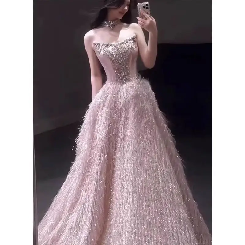 

Розовое вечернее платье принцессы, свадебное платье с длинным рукавом и высокой талией для помолвки, свадебной церемонии