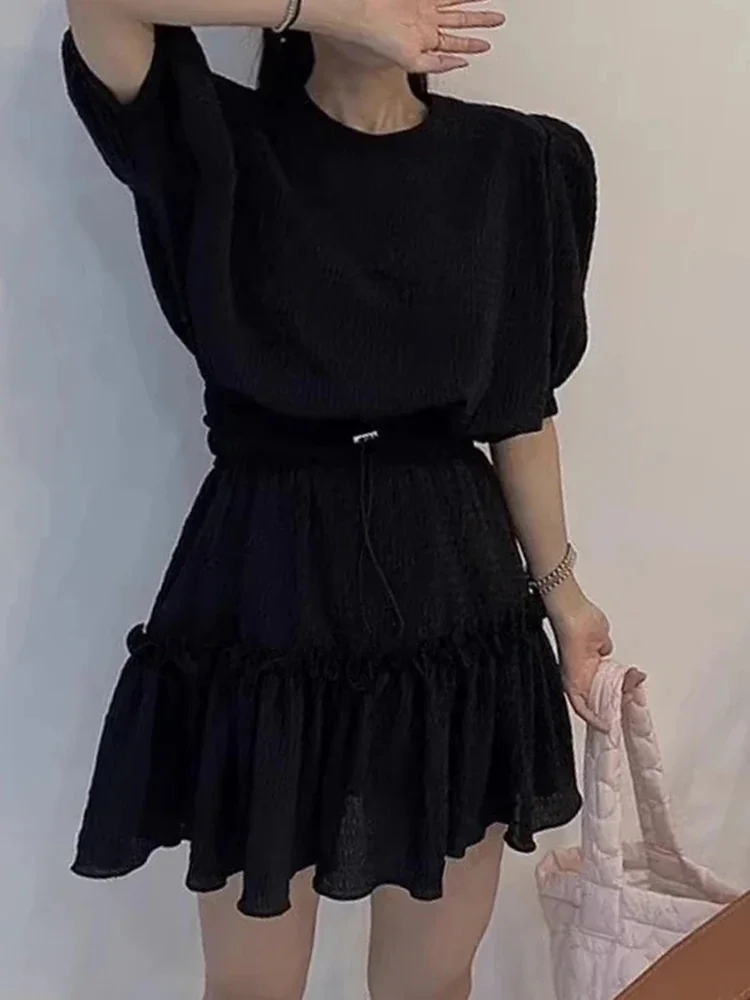 Korean Unique Bubble Sleeve Top High Waisted Wooden Ear Skirt Two-piece Set Sweet Summer Women's Fashion Solid Color Set Skirt
