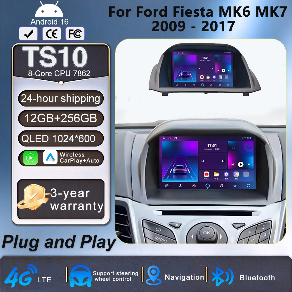 Android 16 Autoradio 7 Zoll für Ford Fiesta MK6 MK7 2009 - 2017 Multimedia Stereo Videoplayer mit Carplay Android Auto GPS WLAN