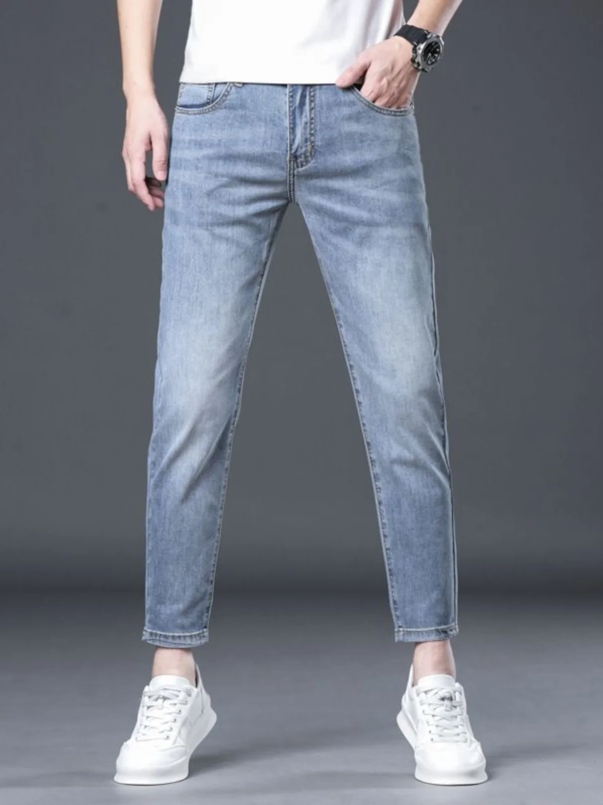 Hong Kong Ice Silk Nine-Tenths Jeans Men's Slim Fit Elastic Trendy Light Color Summer New Casual 9-Piece Pants Cotton Stretch...