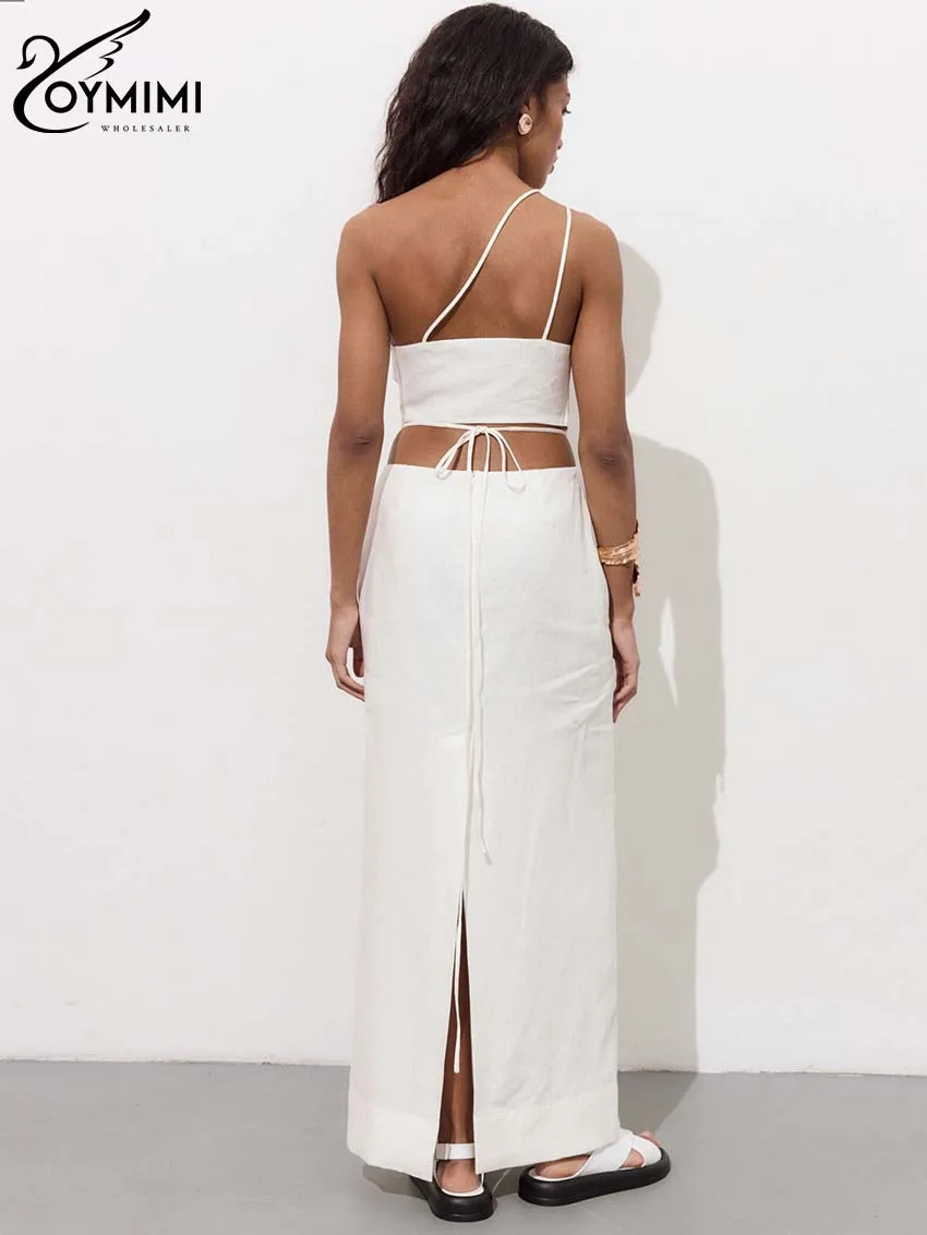 Oymimi Fashion White Cotton Two Piece Set For Women Elegant One-Shoulder Sleeveless Open Back Tops And Slit Straight Skirts Set