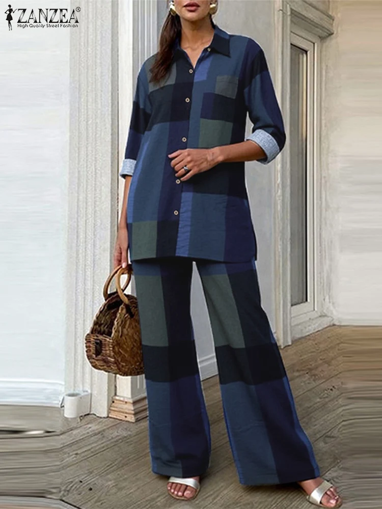 

ZANZEA VWomen Outfits intage Office Lady Long Sleeve Blouse Long Pants Plaid Suits 2025 Retro Pants Sets Casual Matching Sets