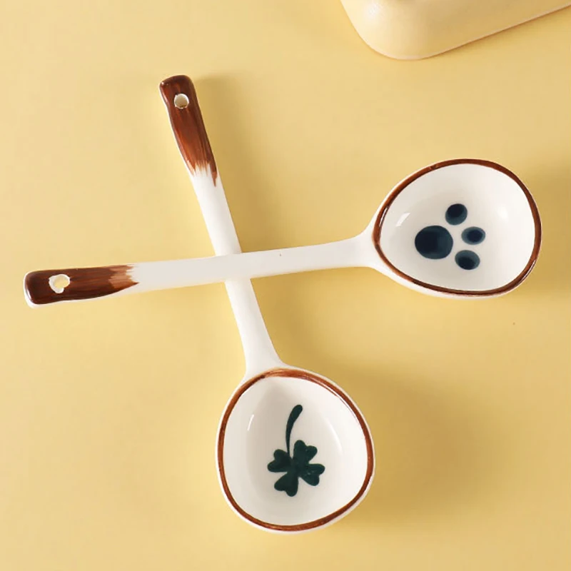 

Kawaii Strawberry Ceramic Soup Spoon Cute Ice Cream Hand Painted Coffee Dessert Long Handle Spoon Kitchen Accessories