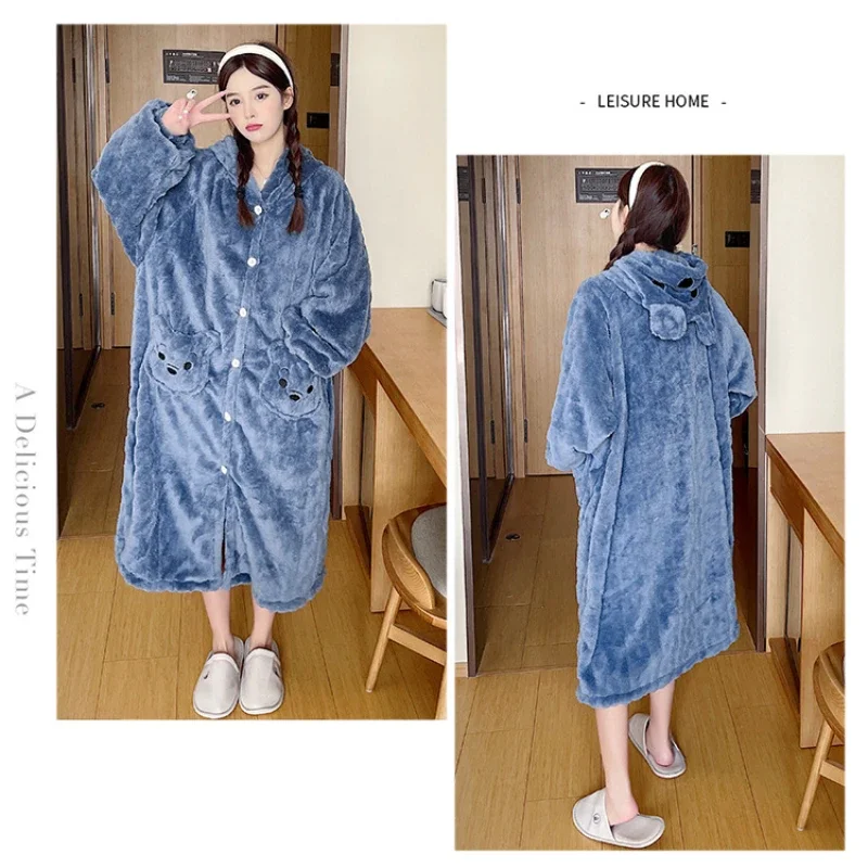 Plus Size Women Coral Fleece Hooded Nightgown Winter Warm Soft Comfortable Sleepwear Cartoon Pajama Homewear Female Bathrobe