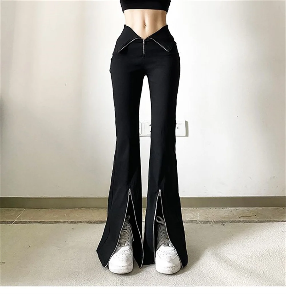 

Simple Split Young Women's Zipper Flared Trousers Girl Casual Black Slim Stretch Versatile Commuter Classic High Waist