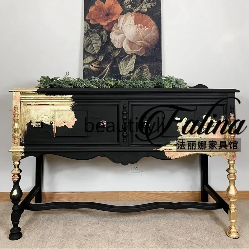 

A15 French neoclassical retro entrance cabinet solid wood carving flower art painting foyer dining side cabinet decorative lock