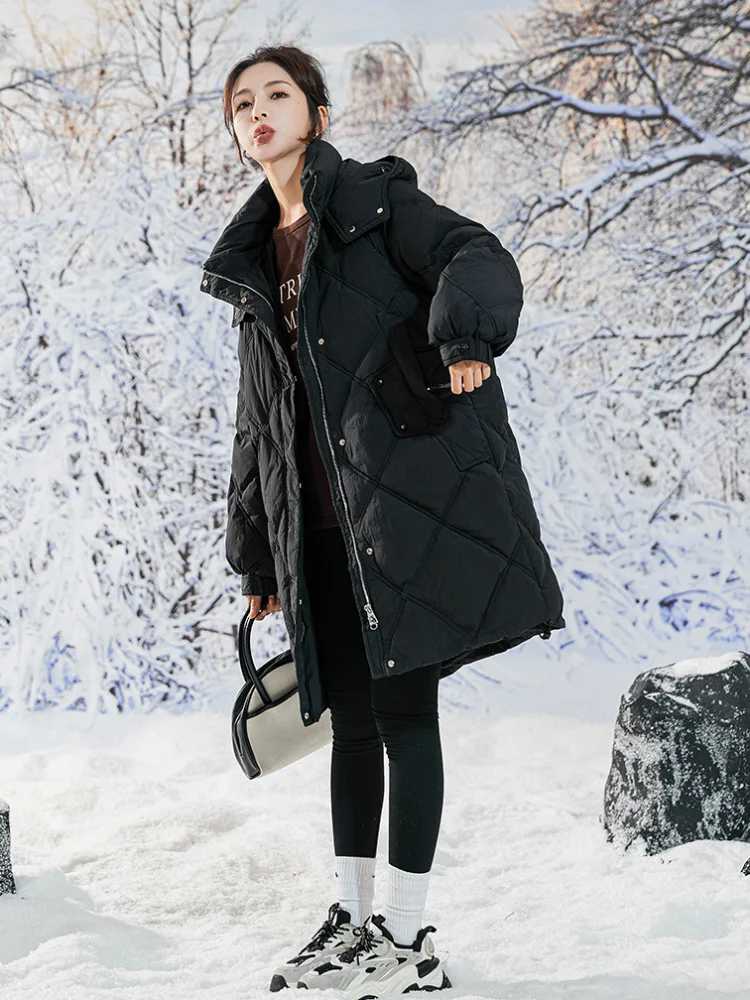 

Winter Puffer Jacket 2024 New Women Coat Quilted Casual Fashion Down Jacket Loose Simple Commuting Hooded Mid-length Coats Down