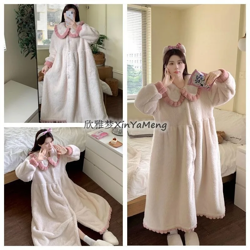 Autumn Winter Thickening and Fleecing Bathrobe Sweet Medium Length Can Worn Outside Loungewear Coral Fleece Night Gown Female