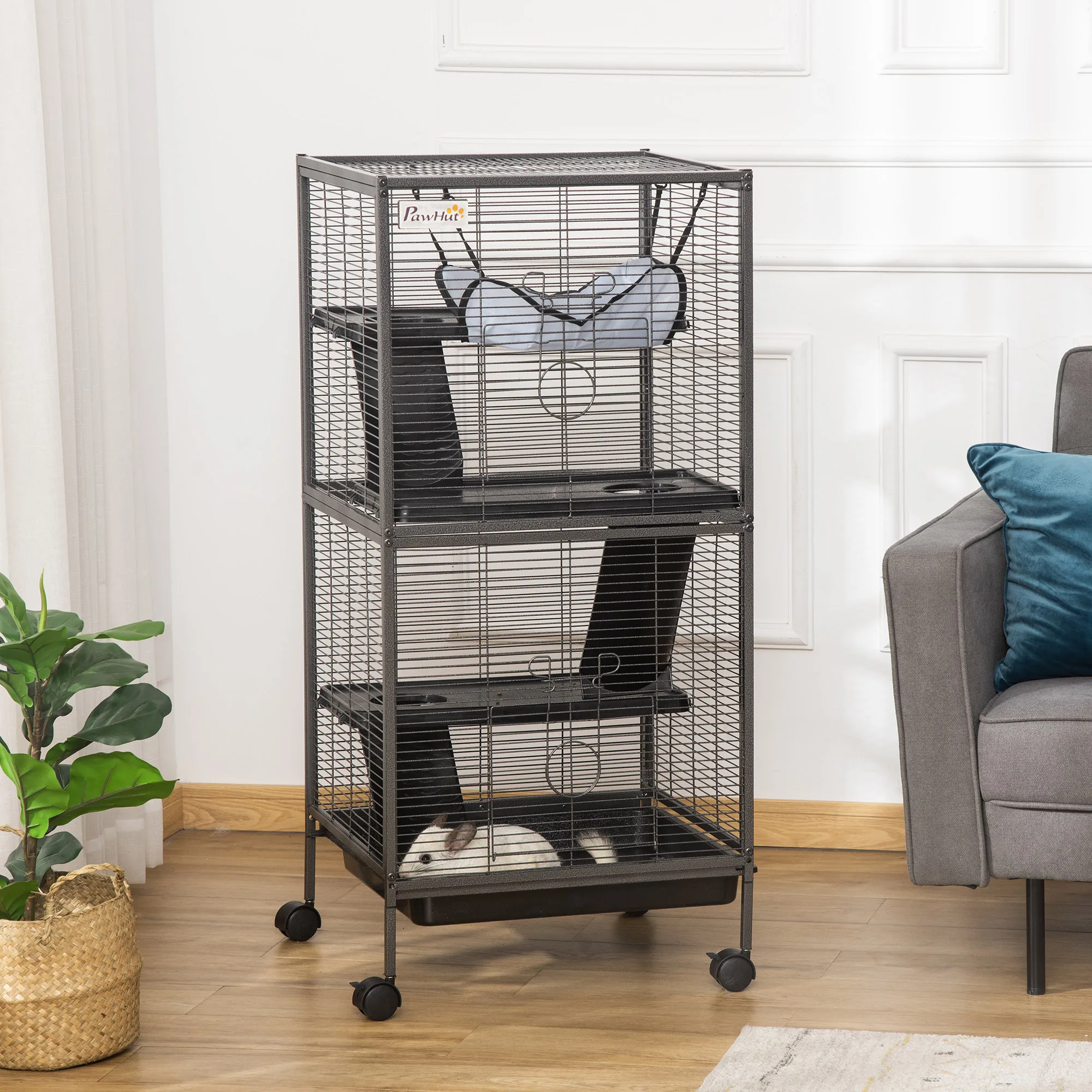 PawHut small animal cage 4 levels with wheels 52x52x113,5cm Gray